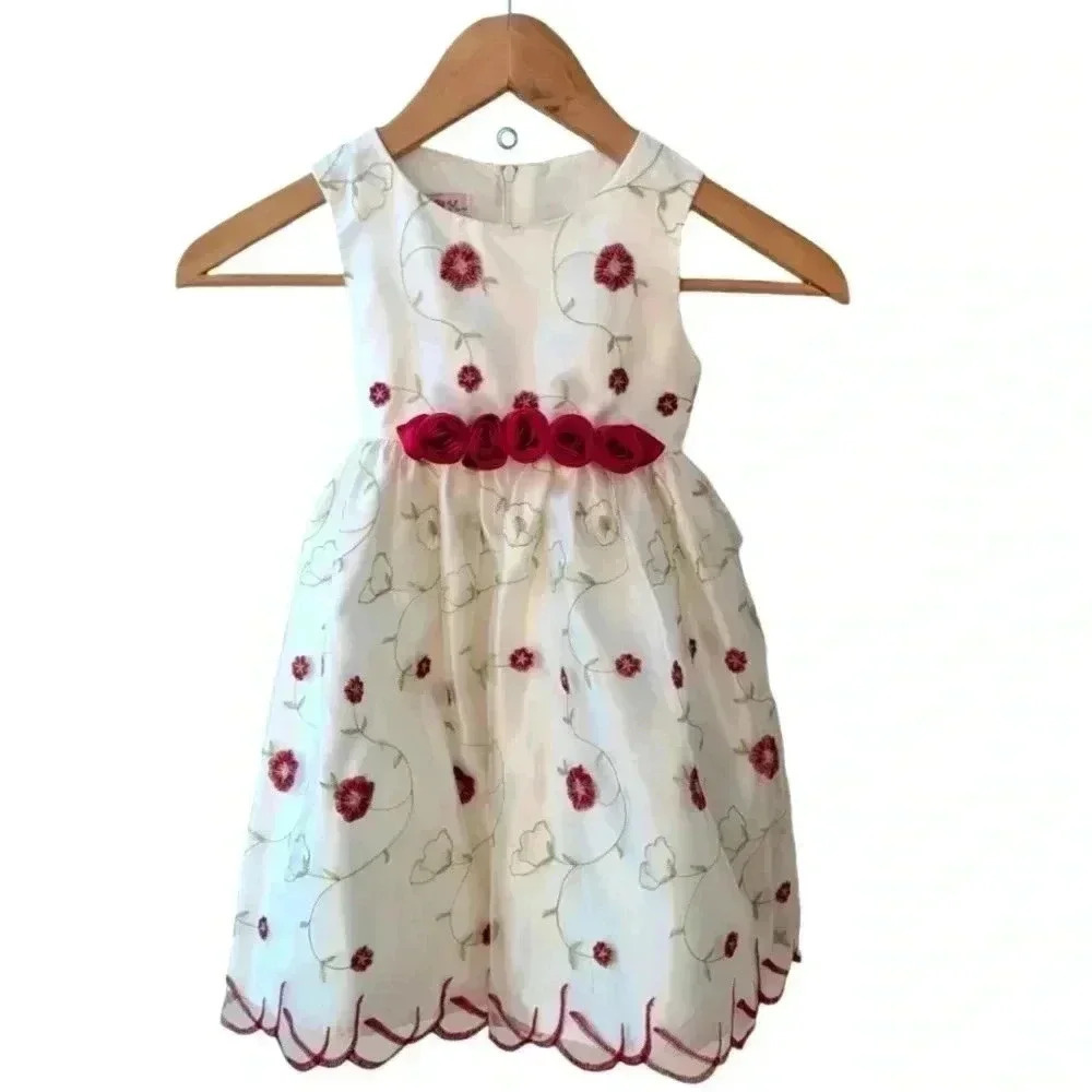 NWT Girls Fancy Party Dress By Katie M Ivory with Red Flowers Green Leaves 4T